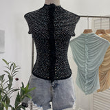 Drilling Sleeveless Vest Wearing Half-High Neck Net Yarn Slime Folded T-Shirt Blouse Female 2589