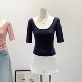 Purely Sexy Slime U-Neck Shoulder Short-Sleeved T-Shirt Commuting Summer New Thin Luxury High-End Feel Blouse