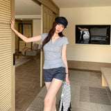Super-Good-Looking Cotton Pocket Button V-Neck Short-Sleeved T-Shirt For Women's Summer 2026 New Popular Explosive Tops This Year