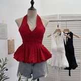 Real Shooting Wave Point Hanging Neck Sling Vest Bare Back Bow Skirt Swollen Belly Thin Sleeveless Top 9260