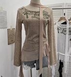 Slap In The Air-Covered Knitted T-Shirt Women's Autumn Dress With Long-Sleeved Drawstring Irregular Top 8097