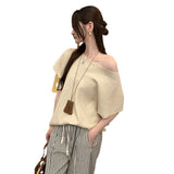 2026 Early Spring Korean Loose Lazy And Relaxed Bat Short-Sleeved Knitted Shirt Girl Into The Autumn Shoulder Inclined Shoulder