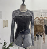 Vintage Dye Mesh Spliced Denim Shoulder Long-Sleeved T-Shirt T-Shirt T-Shirt Dress 2617