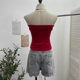 Slap Strap Thai Babes Letter Print Tat T-Shirt On The T-Shirt With Blouse On The T-Shirt With Denim Splicing Short-Term Vest 23098