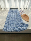 Rotating Skirt ~ Blue Lattice Mesh Yarn Half-Dress Woman Oversized Swing A Word Hundred Fold Skirt Wood Ear Splicing Cake Skirt