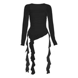 2025 New Lotus Edge Splicing Ribbon Mesh Yarn Long-Sleeved T-Shirt Folding Irregular Top