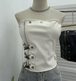 Real Shot PU Leather Wrap Chest Blouse Rock Locomotive Punk With Chest Cushion Heavy Metal Buckle Corset 2782