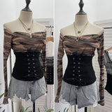 The Real Shot Of The Hottie Shoulder Mesh Hot Diamond To Receive The Belt Strap Horn Long Sleeve Top Short T-Shirt 2760