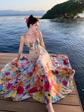 Tea Break French Pure Lust Colorful Broken Flower Sling Ribbon Flowing High-Rise Vacation Dress Bohemia Seaside Dress