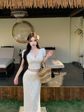 French Half-Brace Ass Skirt 2026 Summer Pure Lust Style V-Neck Lace Dress Sweet Two-Piece Suit Skirt