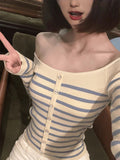 Early Autumn Shoulder Stripe Slim Short Bottom Long-Sleeved Knitted Shirt Slim Thin Waist Bottom Shirt Top Dress Woman