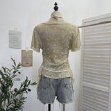 Hanging Neck Tie Fake Two Short-Sleeved T-Shirt Three-Dimensional Flower Folding Irregular Lotus Leaf Side Top Lady 1203