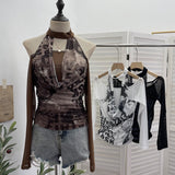 Vintage Hottie Hanging Neck A Word Shoulder Collar Long Sleeve Mesh Yarn T-Shirt 1331