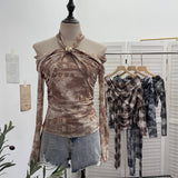 Heavy Industry Hanging Neck Long Sleeve Top Women's Autumn Dress Screen Printing Folds Repair Word Shoulder Bottom T-Shirt 8060