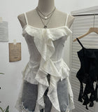 Dark Wasteland To Make Old Hole Slings Vest Irregular Lotus Side Ribbon Short Sleeveless Top 9238