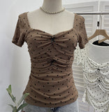 Solid Shot Bow Wave Point Elastic Summer New Short-Sleeved T-Shirt Pinch Folding Body Collar Mesh T-Shirt 28312
