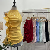 Spicy Design Sleeveless Leaves Three-Dimensional Flower Blouse Atmosphere Slimming Waist 1166