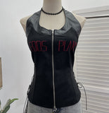 Real Shooting Babes Hanging Neck Pu Embroidered Sling Sling Vest One-Swaive Zipper Short Sleeveless Top 1366