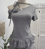 Real Shooting Pop Point Tie With Hanging Neck Slanted Shoulder Short Sleeve Blouse With Elastic Short T-Shirt Girl 2850