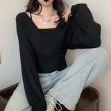 Korean Version Of The 2026 Spring And Autumn New Design Sense French Small Collection Waist Thin Two Open Shoulder Long-Sleeved Knitted Shirt Woman