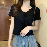 Wooden Ear Knitted Shirt V Tie With Collarbone Summer New High-Waisted Women Decorate Slim Short-Sleeved T-Shirt Tide