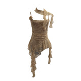 Real Shooting Lace Suspension Sheaf Vest Women's Summer Thin Irregular Lotus Leaf-Side Ribbon Slime Blouse 11851