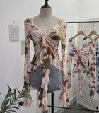 Irregular Kinking Of The Net Yarn Irregularly Kinked Lotus Lobe Slings Shoulder Horn Sleeve T-Shirt Short Top 2618