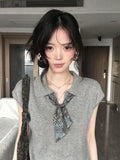 High Sense Of Wearing Polo Shirt Short-Sleeved Women's Summer Silk Scarf Collar Shoulders T-Shirt Casual Temperament Knitting Tops Ins