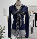 Real Shoot Spice Girls V-Neck Bow Tie With Long-Sleeved T-Shirt Slime Thin Velvet T-Shirt 1387