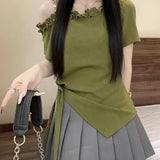 2026 Summer New Slanted Shoulder Side Short-Sleeved T-Shirt Lady Slimming Tie To Collect Pure Lustful Blouse
