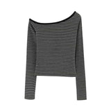 Korean Babes Oblique Shoulder Design Gray Striped Long-Sleeved T-Shirt Girl In Early Autumn To Play With A Bottom Shirt