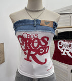 Slap Strap Thai Babes Letter Print Tat T-Shirt On The T-Shirt With Blouse On The T-Shirt With Denim Splicing Short-Term Vest 23098