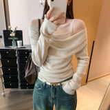Pink Hanging Neck Sling Fake Two Ragged Long-Sleeved Knitted Shirt Women Early Autumn 2025 New Word Shoulder-Lved Shoulder Coat