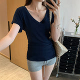Korean Dopamine Wearing Yellow V-Neck Shoulder Short-Sleeved T-Shirt For Women 2025 Summer New Unique Beauty Small Top