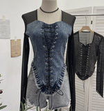 Sexy Square Collar Mesh Spliced Denim Strapped Belted Blouse Design With A Short T-Shirt 2230