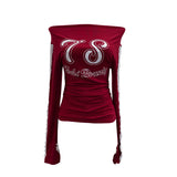 Spice Girl Sports Wind One-Word Shoulder Printed Lace Long Sleeve T-Shirt 1291