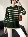 Autumn And Winter Lazy Wind Stripe Round Collar Blouse Korean Chic Chic Age Reduction Long-Sleeved Loose Knitted Shirt Woman