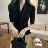 French Chic Hottie V Tie With Slim Short-Sleeved Knitted Shirt Women's Spring And Summer 2025 New Temperament Thin Top