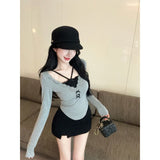 Pure Hot Girl Sexy Hanging Neck Top Girl Autumn And Winter Holiday Two Long-Sleeved T-Shirt High-End Lace Bottom Shirt