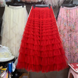 New French Long Dress Female Autumn Temperament Elegant Solid High-Waisted Mesh Cake Skirt Unkempt Skirt