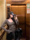 Spice Girls Clam Striped Stile V-Neck Long Sleeve T-Shirt 2025 New Slimming T-Shirt Spice Girl T-Shirt