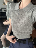 Vintage College Style Polo Collar Button Shoulder Sesame Short-Sleeved T-Shirt Women's Summer Age Repair Short-Term Collar Top