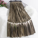 Metal Bright Reflective Skirt New Station High Waist Thin 100-Fold Skirt Mid-Long Half-Dress Woman