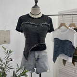 Solid Shooting Denim Splicing Mesh Yarn Short-Sleeved T-Shirt Summer Dress Irregularly Short High-Waist Repair Body Coat 26171