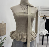 Real Shooting Tight Skirt Swing Fluffy Fragrant Chest Vest Hanging Neck Ribbon Short Blouse Woman 8169