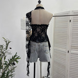 Real Shooting Street Lace Tectory Hottie Wearing Chest Pad Sexy Irregular Ribbon Sleeveless Top 8077
