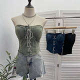 Real Shot With Chest Pad Water Washing Denim Breast Vest Bright Crystal Crystalline Wearing Rope With Short Sleeveless Top Woman 2856