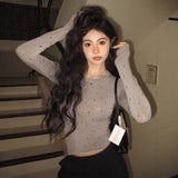 Vintage Niche Design With Hot Diamond Long-Sleeved T-Shirt Girl Autumn Slimming Hot Girl Unique Round Collar Top