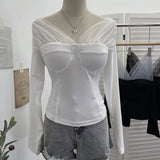 Real Shot With Chest Pad Mesh Splicing V-Neck Long Sleeve Bottom Shirt T-Shirt T-Shirt-Dressed Short-Sized Two-Piece T-Shirt Girl 2806