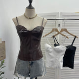 Letter-Print With Chest Pad Pu-Skin Sling Vest Slimming Short Babes Sleeveless Top 1372